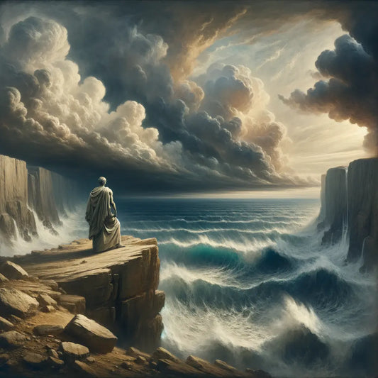 A Roman philosopher on a windy cliff, calm amid a stormy sea, embodying Stoic tranquility, in a vintage epic film style.