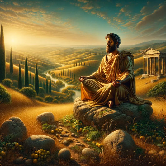 A Roman philosopher meditating on a rock amid a serene natural landscape, inspired by the style of 1960s historical epic films, symbolizing Stoic inner peace.