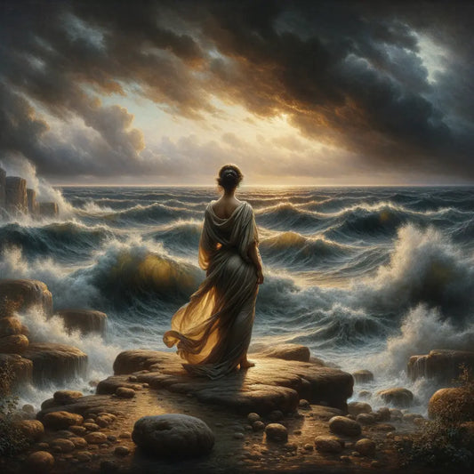 A calm figure in a toga standing by a stormy sea, symbolizing inner peace amidst chaos in a 1960s historical epic style.