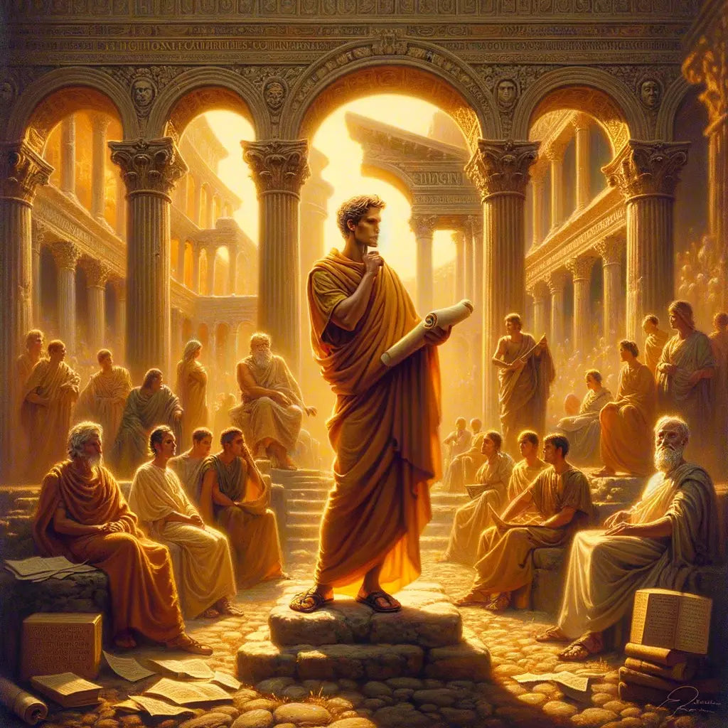 Ancient Roman philosopher amidst scrolls and artifacts, embodying the Stoic concept of 'logos' in a cinematic style reminiscent of 1960s historical films.