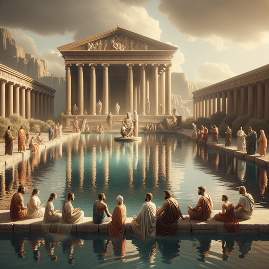 Serene Roman pond with gentle ripples, toga-clad figures symbolizing Stoic calm, styled after 1960s historical film classics.