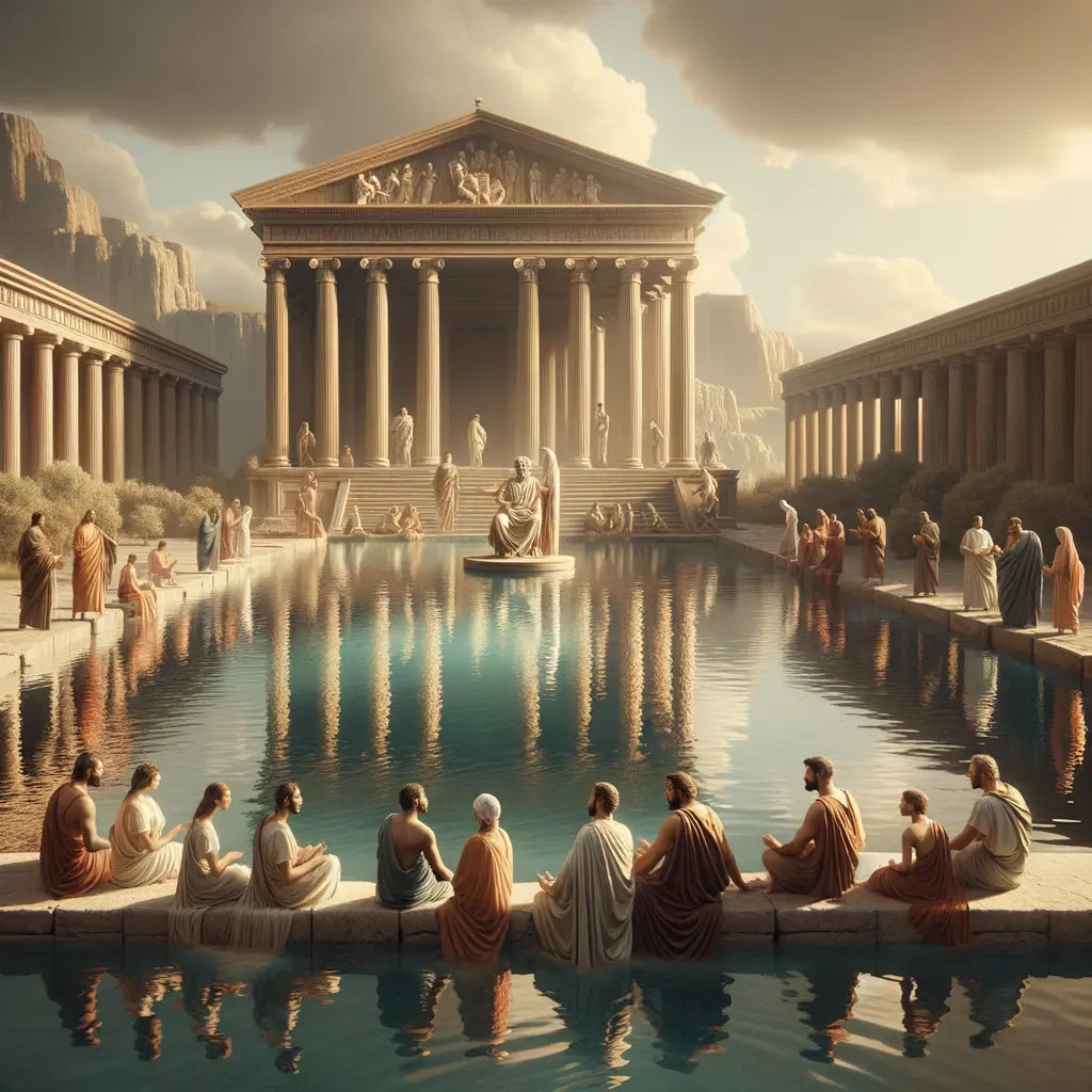 Serene Roman pond with gentle ripples, toga-clad figures symbolizing Stoic calm, styled after 1960s historical film classics.