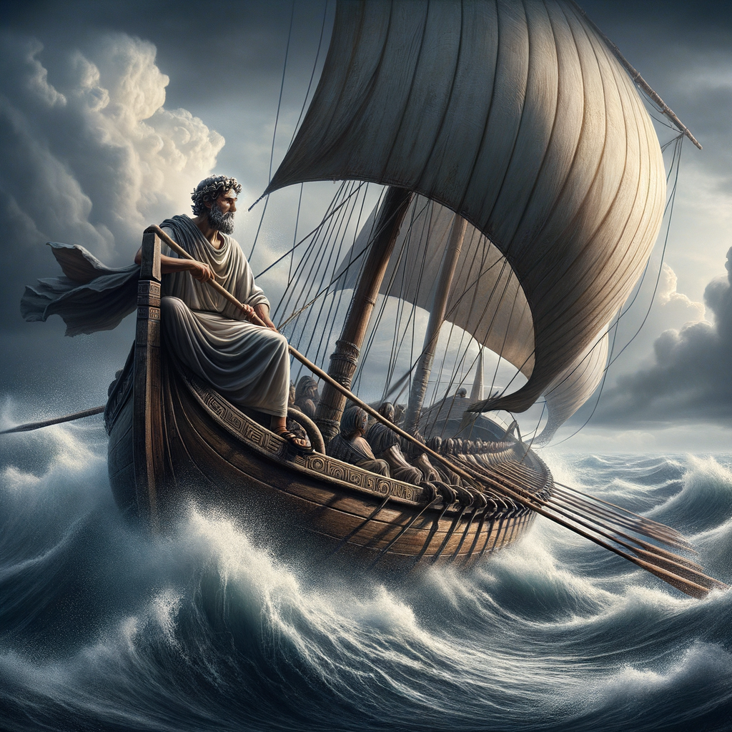 Stoic Roman sailor adjusting sails on a trireme during a storm, inspired by 1960s epic film style.