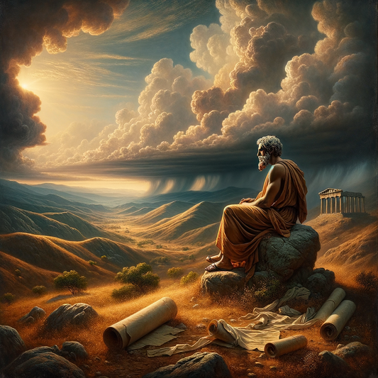 A Greek philosopher reflects stoically amidst a storm, combining serenity and dramatic tension, styled after 1960s historical films.