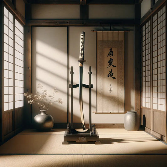 Eine historische japanische Katana auf einem Holzständer in einem traditionellen Tatami-Raum, sanft beleuchtet, zeigt seine kulturelle Bedeutung und historische Essenz.