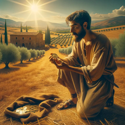 Ancient Roman farmer discovering a coin in a field, set in a scenic landscape reminiscent of classic 1960s historical films.