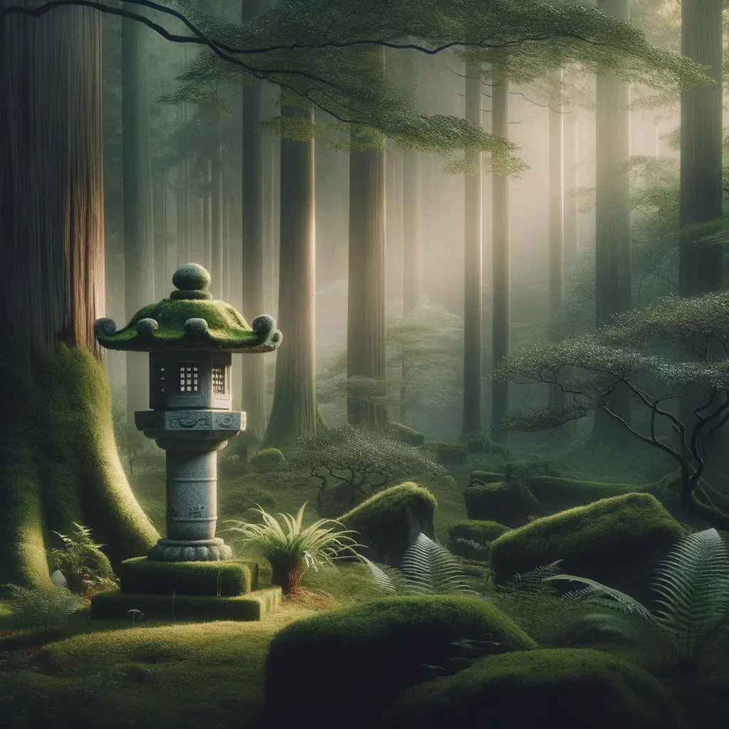 Eine ruhige, minimalistische Darstellung eines traditionellen japanischen Waldes mit einem moosbedeckten Steinlaterne, sanft beleuchtet durch Morgenlicht und eingehüllt in leichten Nebel — anmutig, beruhigend und kulturell inspiriert.