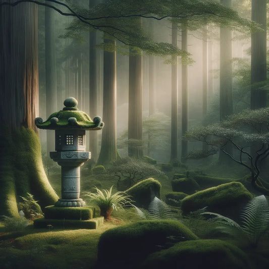 Eine ruhige, minimalistische Darstellung eines traditionellen japanischen Waldes mit einem moosbedeckten Steinlaterne, sanft beleuchtet durch Morgenlicht und eingehüllt in leichten Nebel — anmutig, beruhigend und kulturell inspiriert.