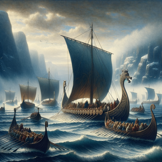 Viking longships with dragon-shaped bows navigate through misty seas, invoking adventure and exploration in a classic historical film style.
