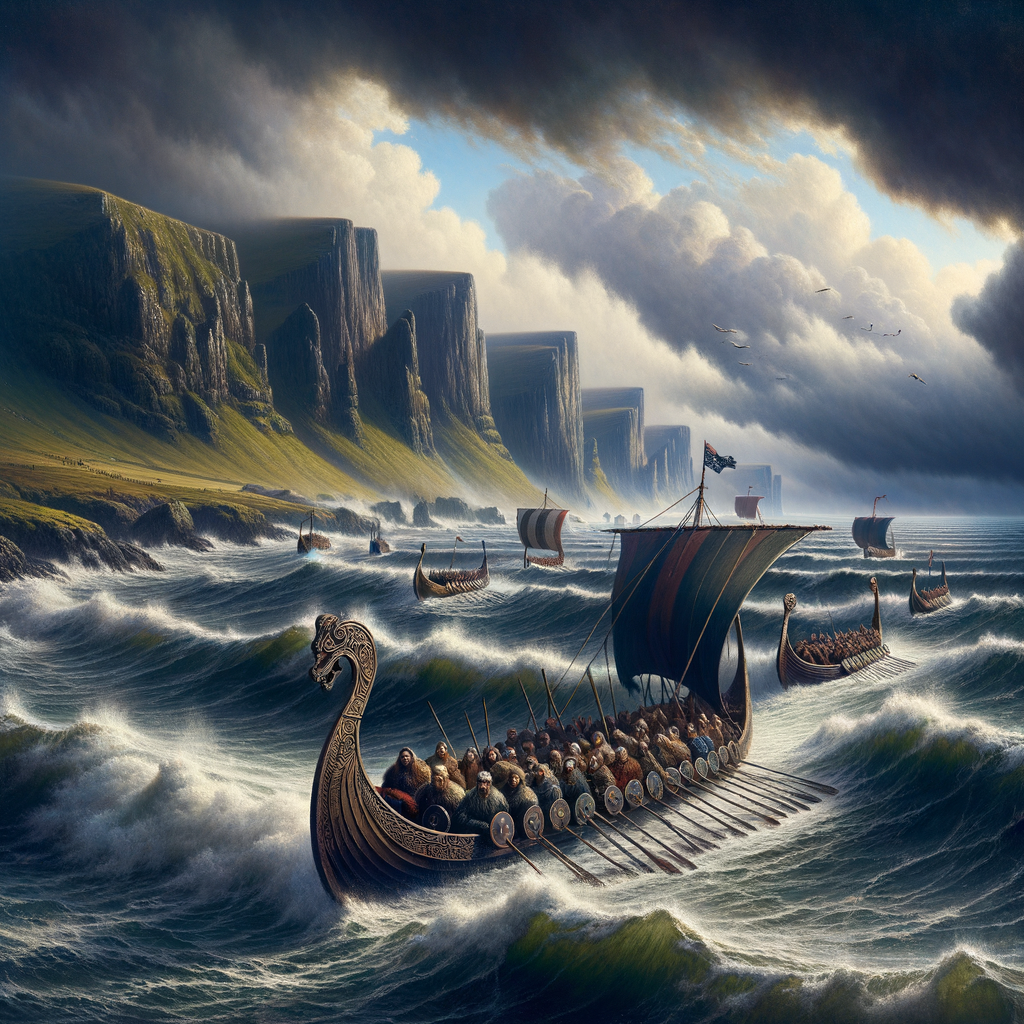 Viking longships navigating turbulent seas towards the stormy Scottish coast, evoking the historic Norse incursions, styled like classic epic films.