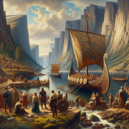 Panoramic painting of Nordic fjords and archipelagos, featuring a Viking longship and figures, evoking 1960s historical epic style.