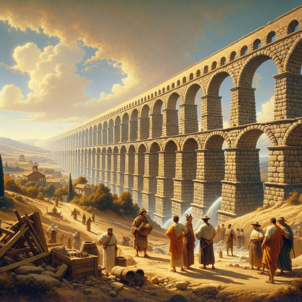 Roman aqueducts spanning a varied landscape under a warm sun, echoing the style of 1960s historical epics.