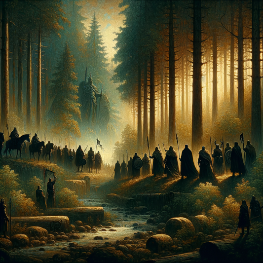 Germanic warriors in traditional attire, silhouetted against a European forest, with Celtic and Slavic cultural motifs.