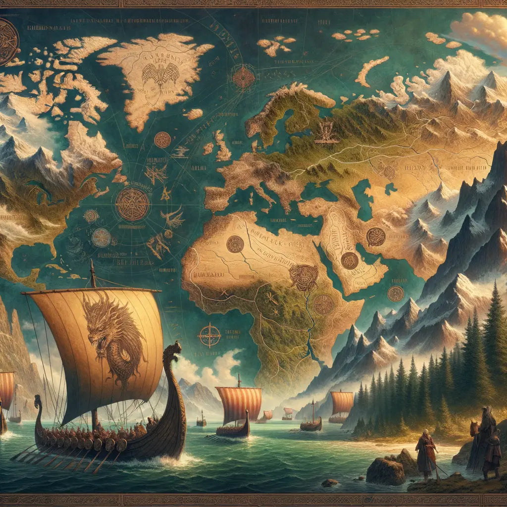 An ancient map of Europe showing Germanic and Viking expansion, decorated with Viking ships and tribal symbols, resembling a 1960s historical film aesthetic.