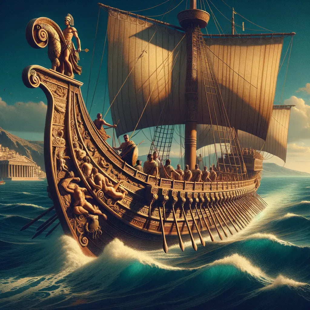 Roman mariners aboard a beautifully carved bireme under a sunny Mediterranean sky, reflecting 1960s historical epic style.