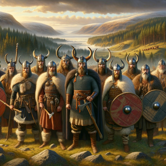 Viking and Germanic tribesmen stand side by side in a northern European landscape, showcasing cultural distinctions and shared heritage, inspired by 1960s historical epic film style.