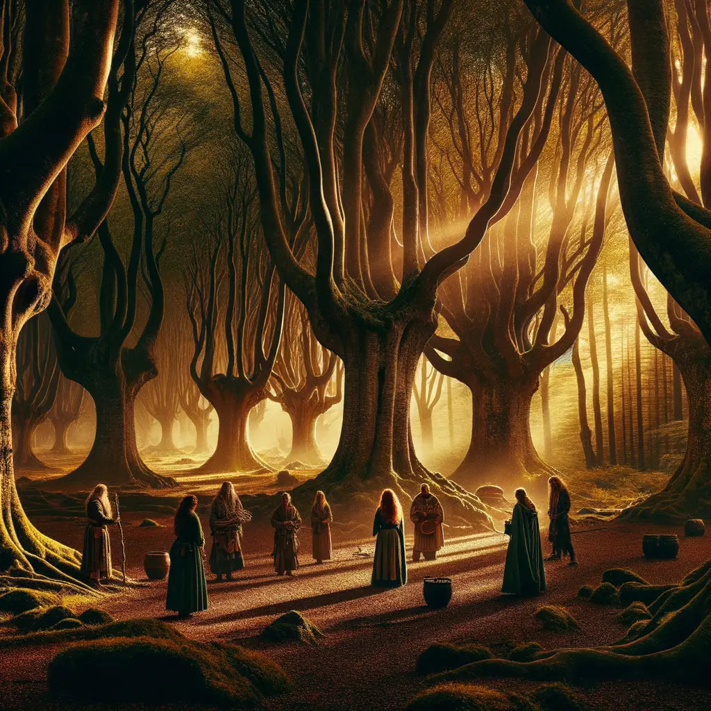 Ancient Celtic druids among towering trees symbolizing Gaelic languages, bathed in golden light, in a 1960s historical film style.