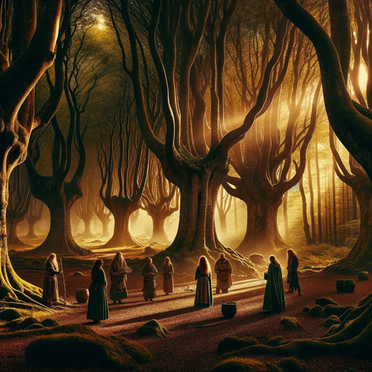 Ancient Celtic druids among towering trees symbolizing Gaelic languages, bathed in golden light, in a 1960s historical film style.