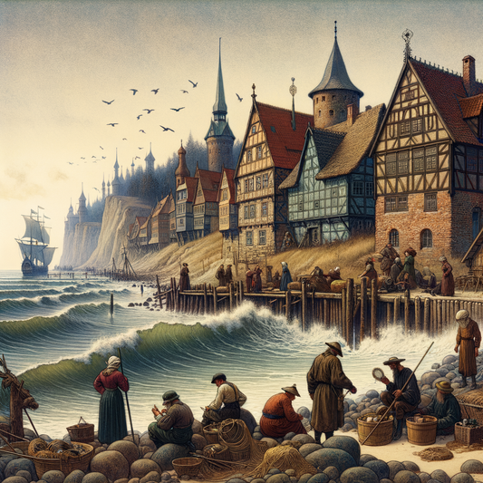 Illustration of Prussian and German cultural merger by a Baltic coastal landscape, portraying historical symbols and figures.