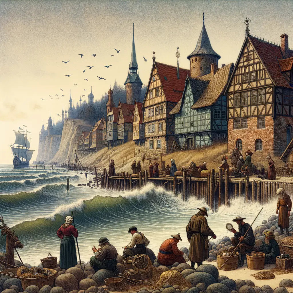 Illustration of Prussian and German cultural merger by a Baltic coastal landscape, portraying historical symbols and figures.