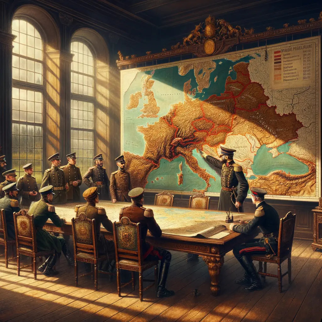 Historical map showing the territories of Prussia and Poland, with figures in period uniforms discussing the borders, in a 19th-century study setting.