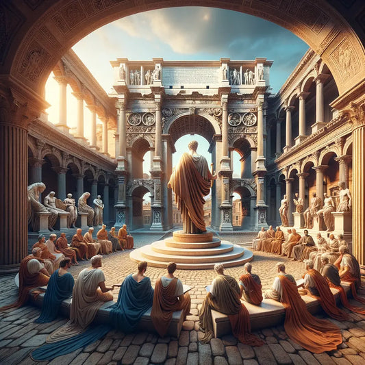 Marcus Aurelius statue stands against ancient Roman architecture, capturing its timeless presence in a style reminiscent of 1960s historical films.