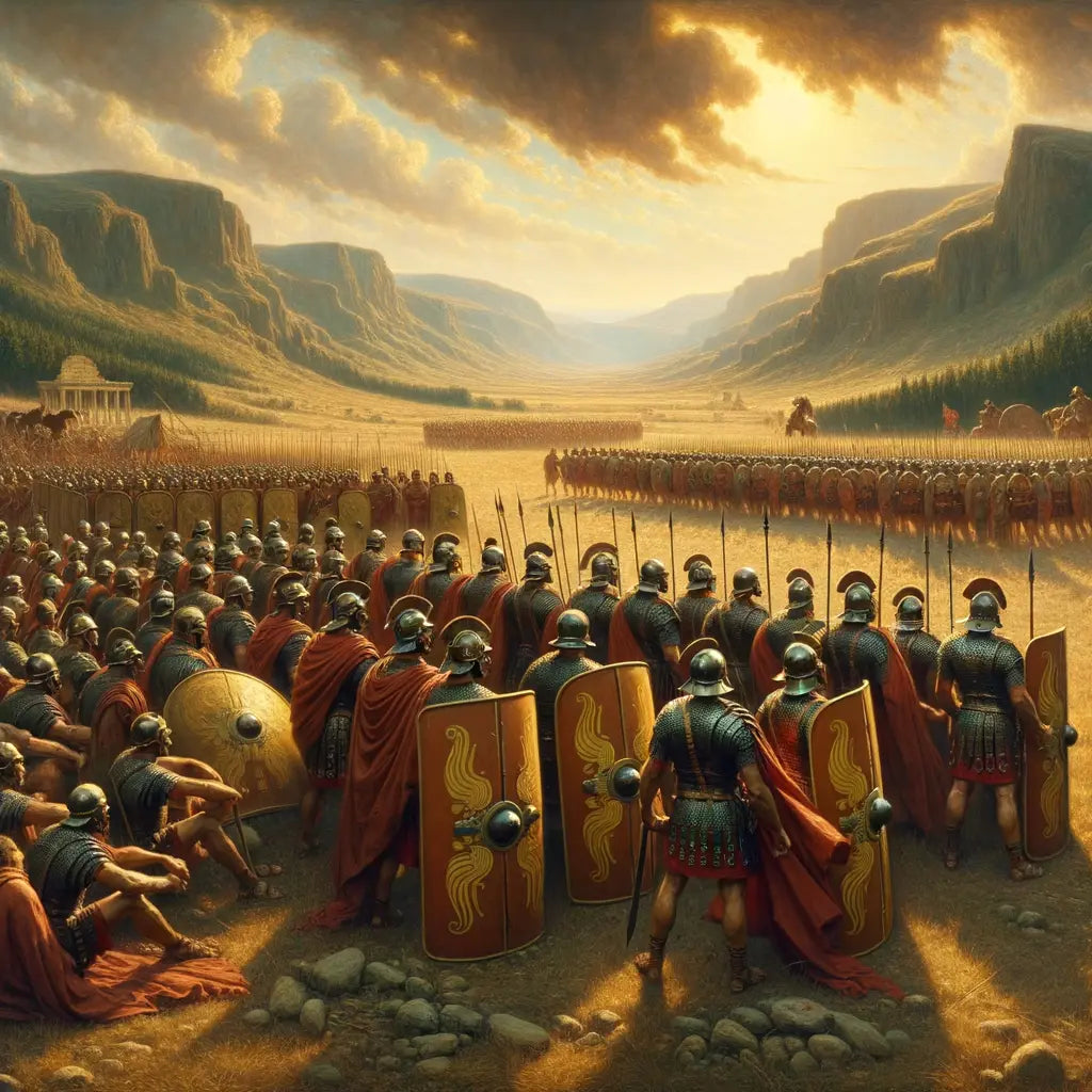 Roman legionaries in testudo formation on a battlefield, with scutum shields forming a barrier, in the style of 1960s historical epic films.