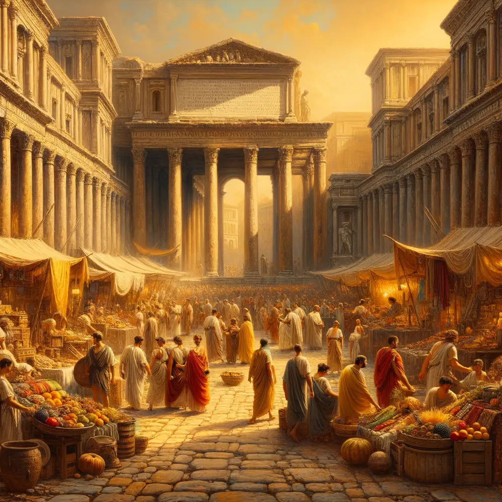 A bustling ancient Roman market street with citizens in togas, surrounded by historical architecture, inspired by classic 1960s historical films.