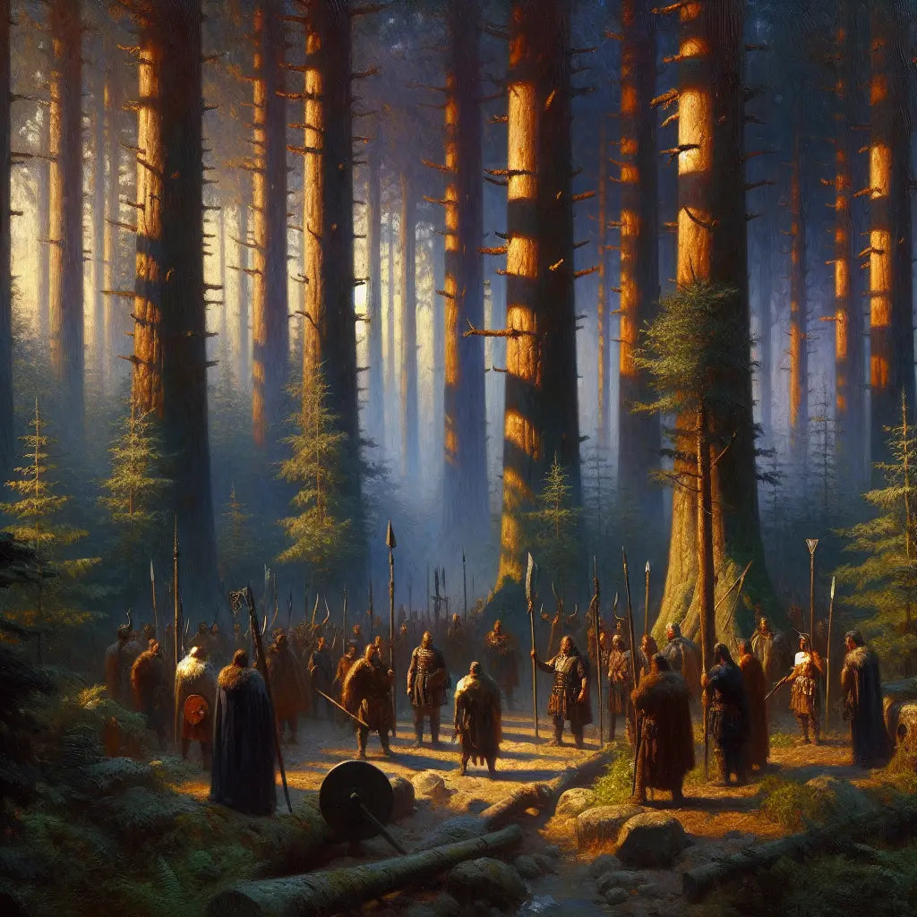 Shadowy Germanic tribal figures in dense twilight forest plotting secretly, evoking Arminius's assassination plot in Teutoburg Forest, in the style of 1960s Roman historical epics.