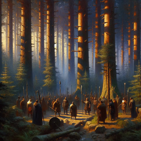 Shadowy Germanic tribal figures in dense twilight forest plotting secretly, evoking Arminius's assassination plot in Teutoburg Forest, in the style of 1960s Roman historical epics.