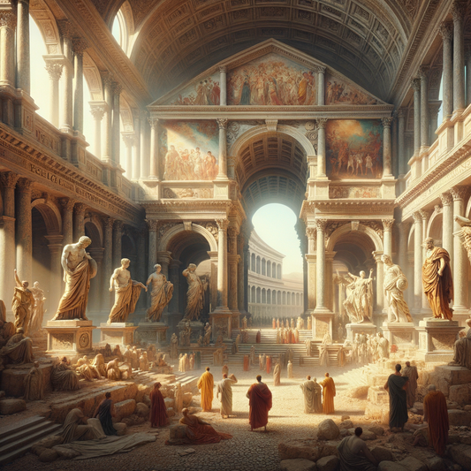 View of ancient Roman forum ruins with majestic sculptures and frescoes of deities and emperors, in the style of 1960s historical films.