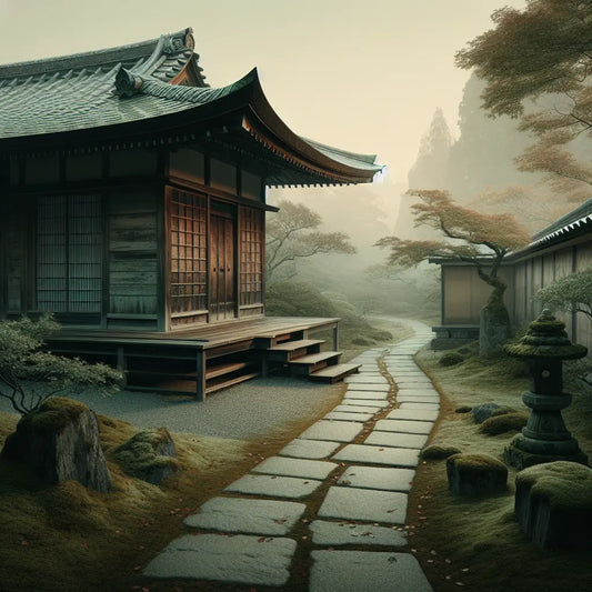 A peaceful temple garden in Asakusa with traditional wooden buildings and a stone pathway bathed in soft morning light, reflecting Edo-period Japanese culture with minimalistic and elegant design.