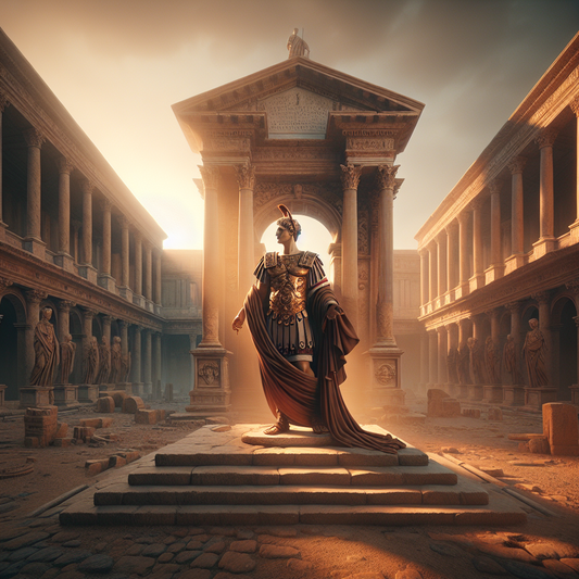 Majestic classical marble statue of Augustus Caesar in Roman Imperial attire standing confidently before ancient Roman marble columns and arches illuminated by a glowing sunset.