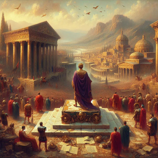 Illustration of Augustus Caesar in imperial toga overlooking a Roman cityscape blending with biblical Jerusalem scenery under warm daylight.