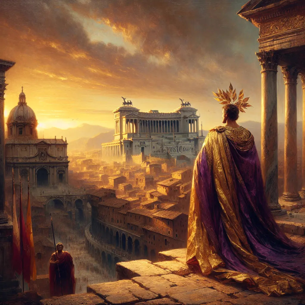 Augustus in imperial regalia overlooking the ancient city of Rome at dawn, symbolizing the dawn of the Roman Empire and Pax Romana, painted in a 1960s historical epic style.