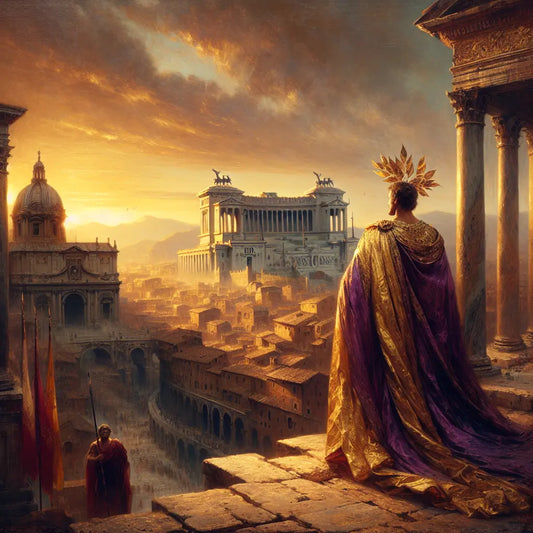 Augustus in imperial regalia overlooking the ancient city of Rome at dawn, symbolizing the dawn of the Roman Empire and Pax Romana, painted in a 1960s historical epic style.