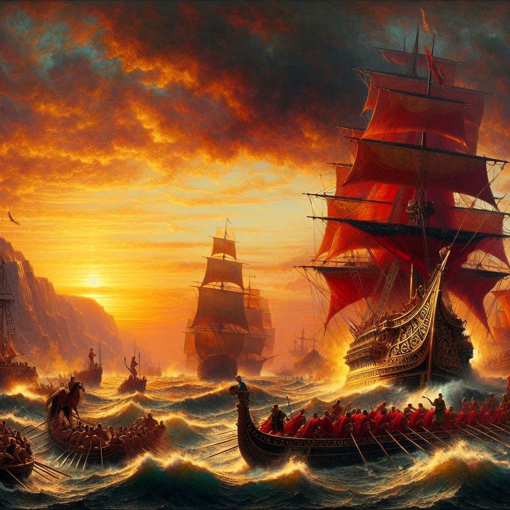 Roman warships and Egyptian allies clashing in a dramatic naval battle under a fiery sunset sky on the Mediterranean Sea, inspired by 1960s historical film epics.