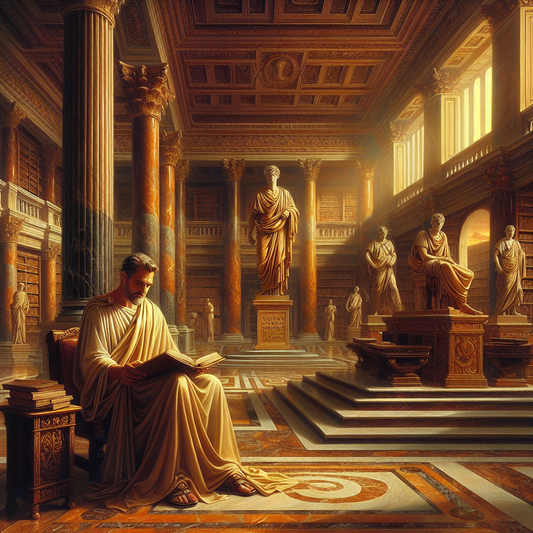 Bill Clinton in a Roman-inspired presidential library, reading an ancient manuscript of Meditations, surrounded by classical Roman architecture, symbolizing wisdom and leadership.