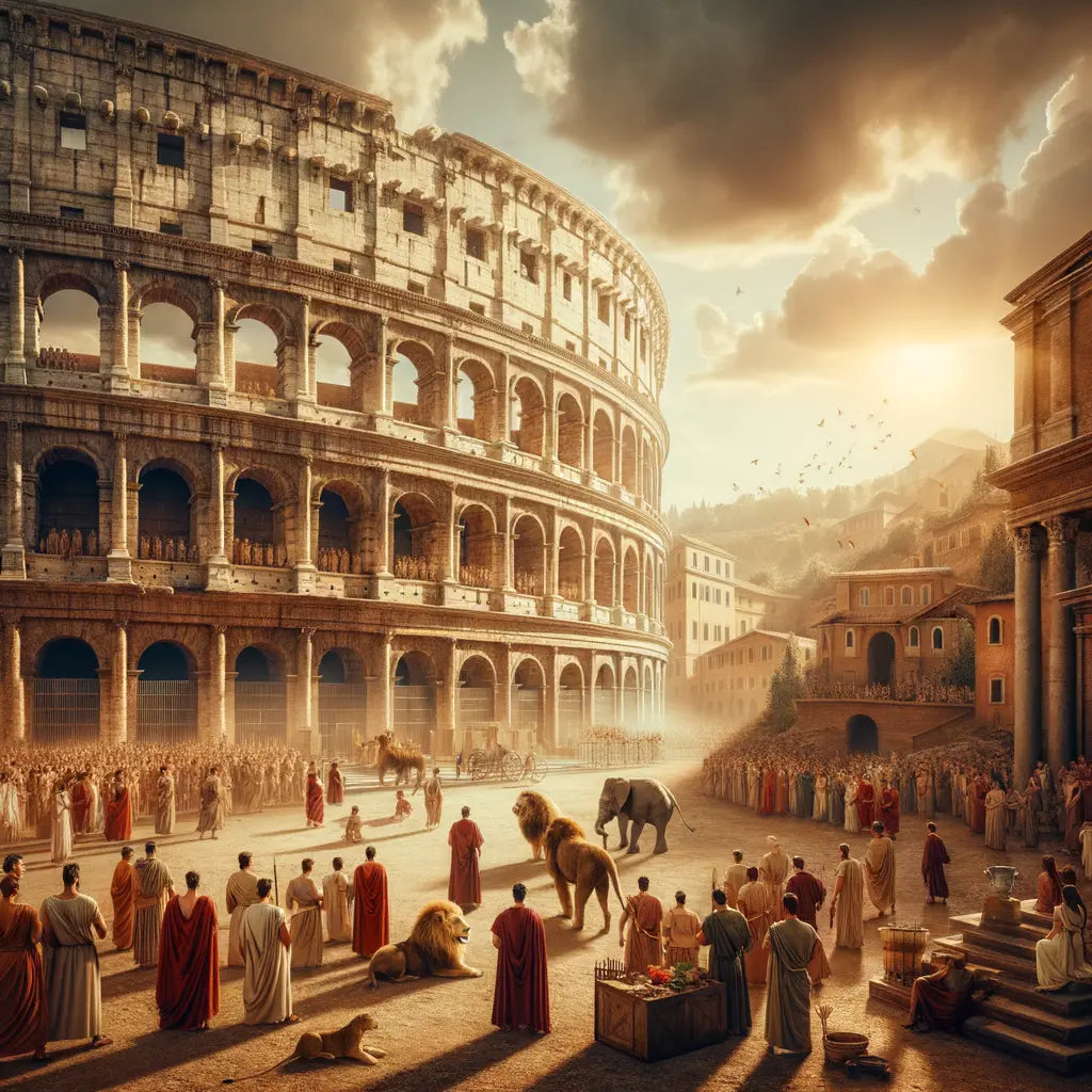 A bustling scene outside the Colosseum in ancient Rome with exotic animals being prepared for a grand spectacle inside, depicted in a cinematic style reminiscent of 1960s historical epics.