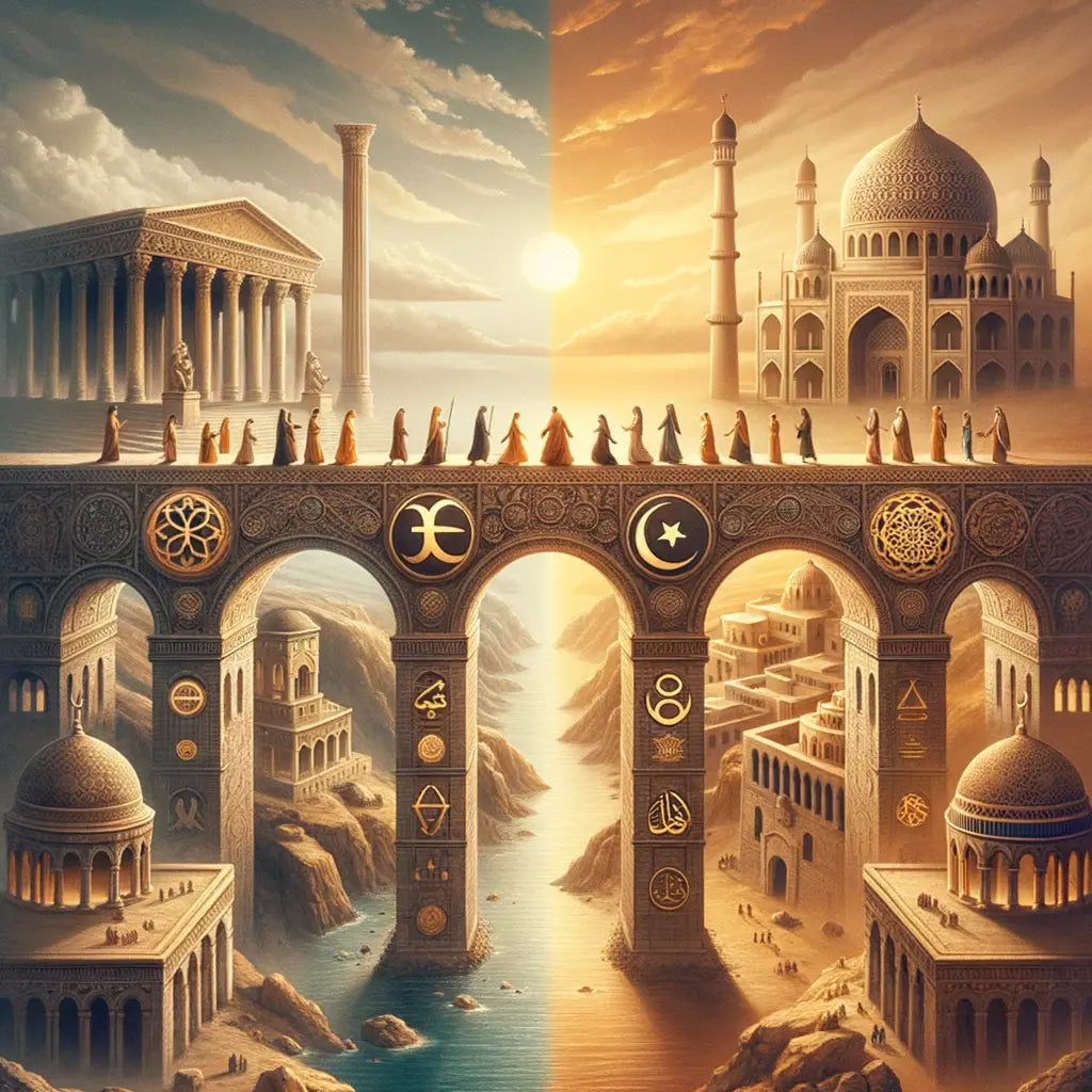 A bridge connecting Roman and Islamic themed landscapes, symbolizing Stoic and Islamic virtues, in a 1960s historical epic style.