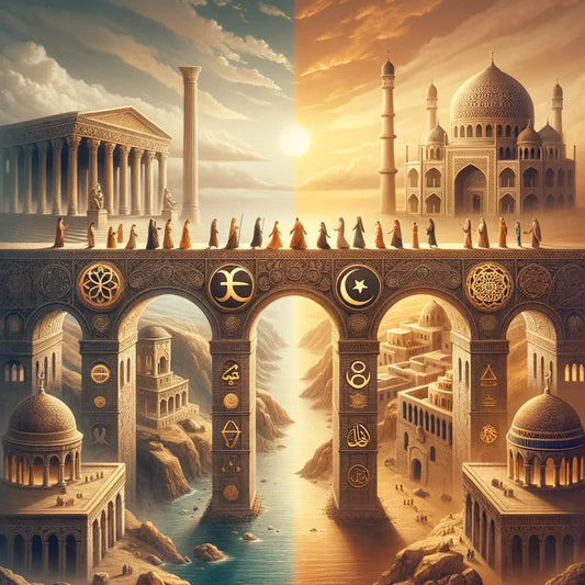 A bridge connecting Roman and Islamic themed landscapes, symbolizing Stoic and Islamic virtues, in a 1960s historical epic style.