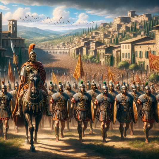 A Roman legion marching through an Italian landscape with a general on horseback and a bustling city in the background.