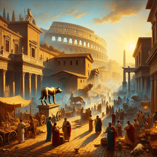 Ancient Roman street bustling at dawn with merchants, senators, soldiers, and citizens, with the Capitoline Wolf statue nearby and the Colosseum in the background, styled after 1960s Roman historical epics.