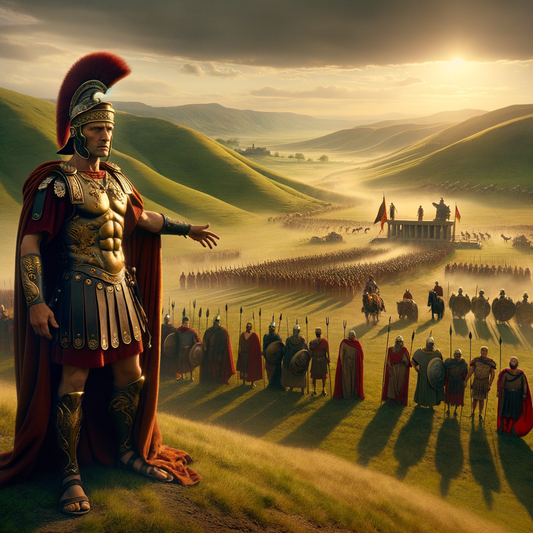 Julius Caesar leads Roman soldiers against Gallic warriors, highlighting cultural blend and ancient craftsmanship, evoking 1960s historical films.