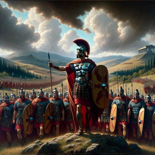 Julius Caesar leading his troops in a fierce battle in Gaul.