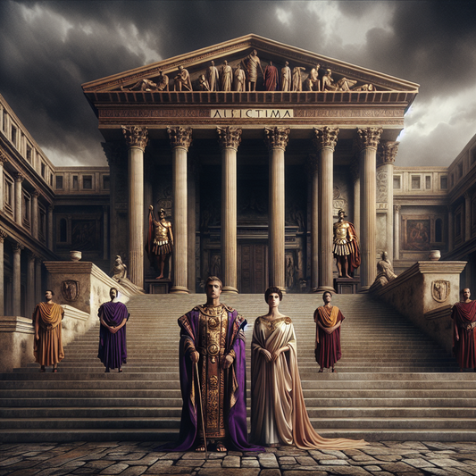 Roman Emperor Caligula in imperial robes standing with Julia Drusilla before the Roman Senate under a dark stormy sky symbolizing tension and controversy, painted in a realistic 1960s cinematic style.