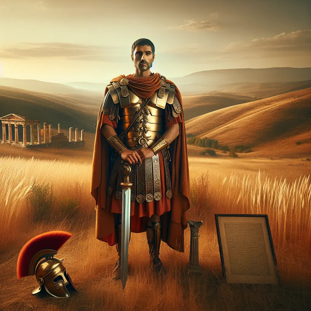 A calm Roman warrior in authentic lorica segmentata armor stands thoughtfully in a serene sunlit landscape near a marble Roman temple, embodying strength and Stoic wisdom in a realistic 1960s cinematic painting style.
