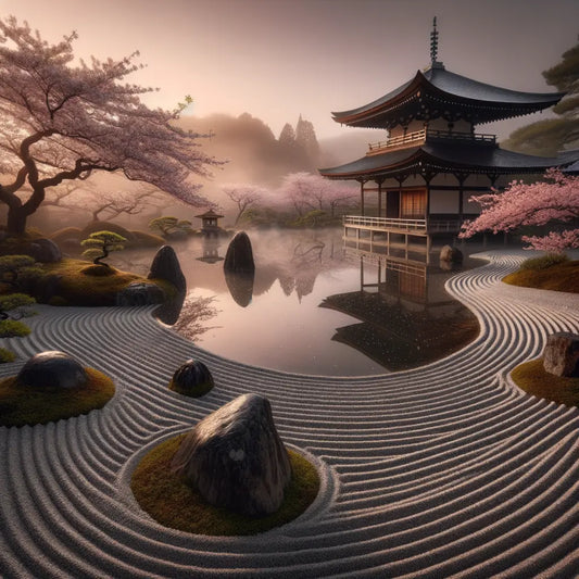 A peaceful Zen garden at dawn with cherry blossoms.
