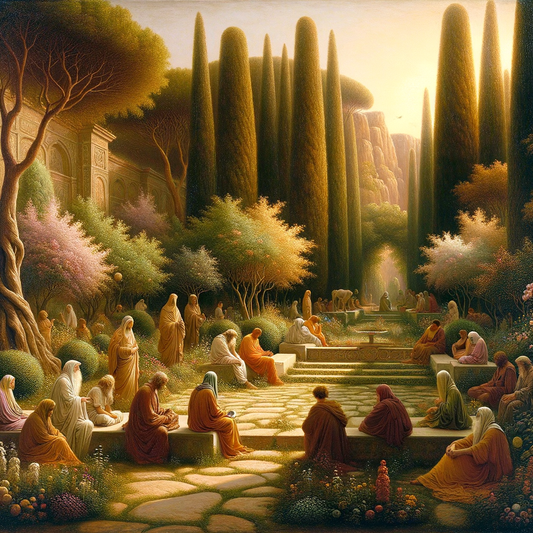 Cam river garden scene with Islamic and Stoic philosophical symbols under a serene sky, inspired by classic historical film aesthetics.
