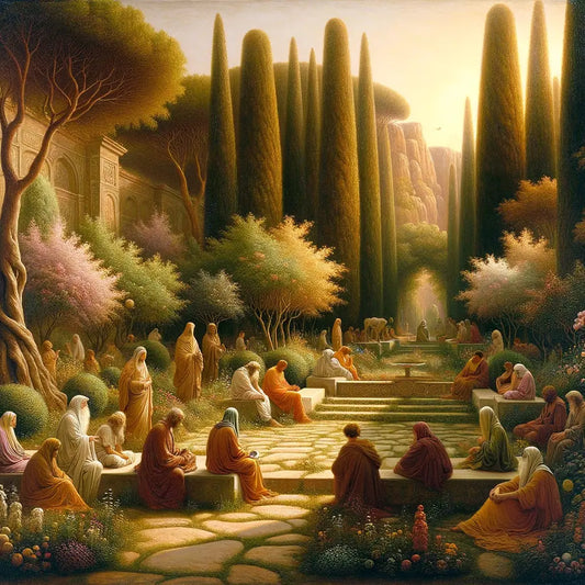 Cam river garden scene with Islamic and Stoic philosophical symbols under a serene sky, inspired by classic historical film aesthetics.